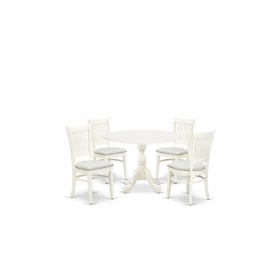 East West Furniture 5-Piece Dining Room Table Set- 4 Dining Room Chair with Linen Fabric Seat and Slatted Chair Back - Drop Leaves Round Table