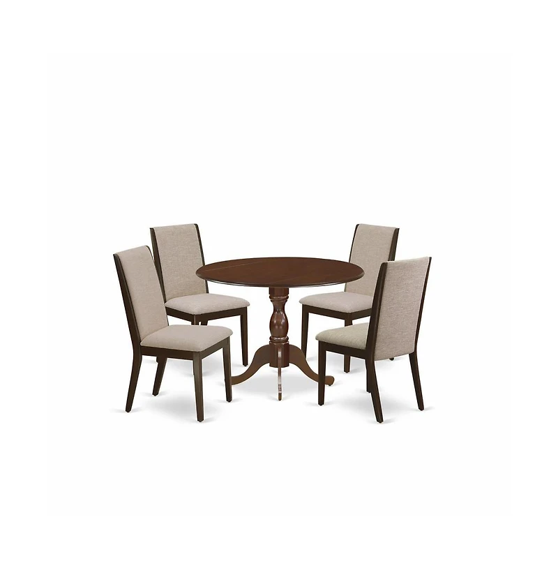 East West Furniture 5 Piece Dining Table Set - Mahogany Wood Table and 4 Light Tan Linen Fabric Upholstered Dining Chairs with High Back