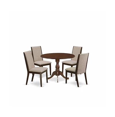 East West Furniture 5 Piece Dining Table Set - Mahogany Wood Table and 4 Light Tan Linen Fabric Upholstered Dining Chairs with High Back