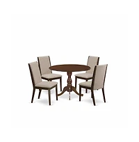 East West Furniture 5 Piece Dining Table Set - Mahogany Wood Table and 4 Light Tan Linen Fabric Upholstered Dining Chairs with High Back