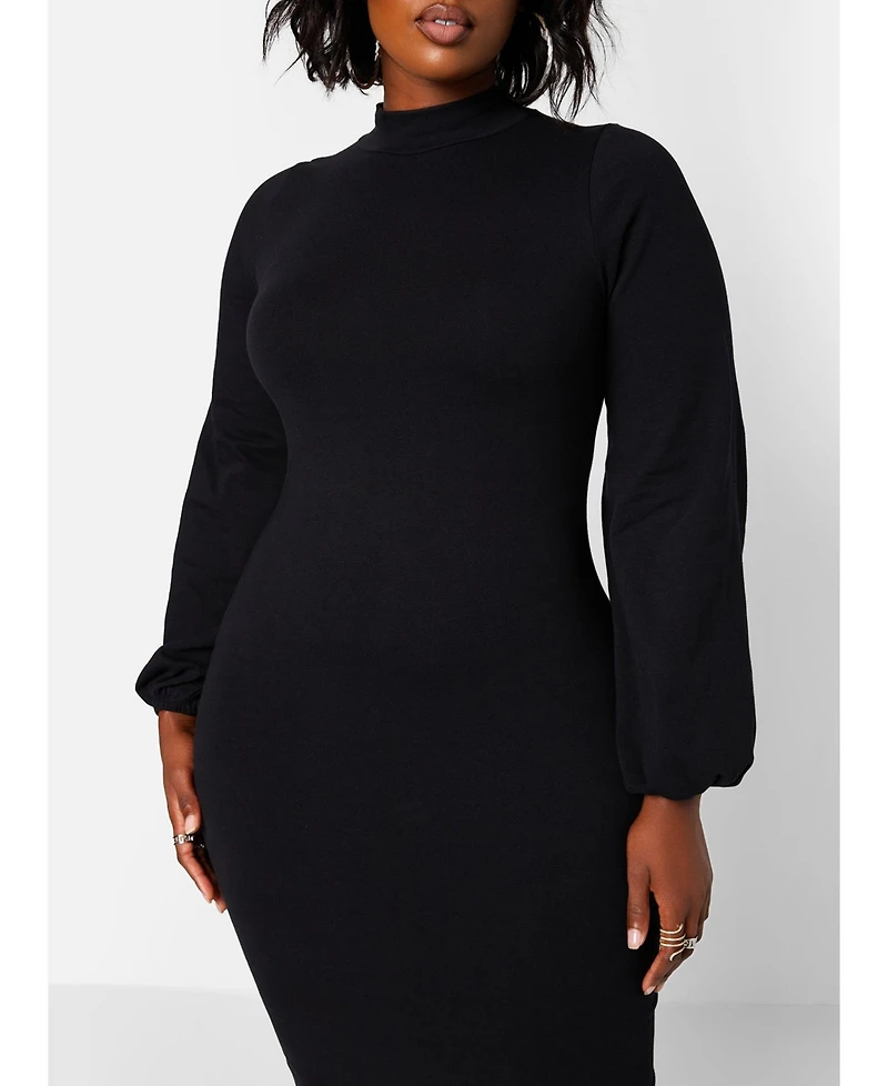Rebdolls Women's Black Turtleneck Cotton Bodycon Midi Dress with Puff Sleeves