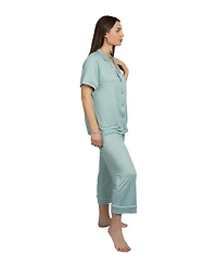 Bcbg Maxazria Women's Short Sleeve Notch Collar Top and Capri Pants Pajamas 2-Piece Set