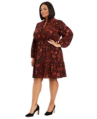 London Times Plus Long-Sleeve Printed Chiffon Dress