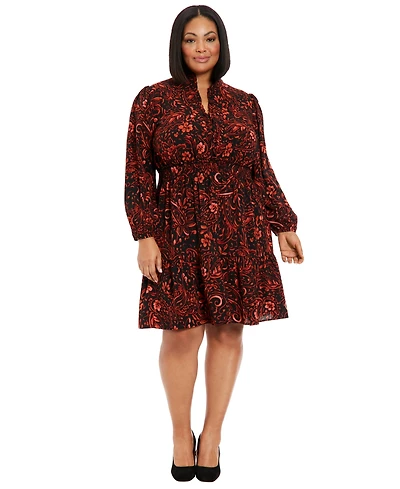 London Times Plus Long-Sleeve Printed Chiffon Dress