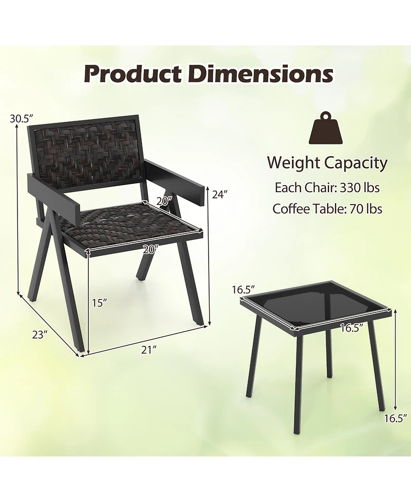 Slickblue 3-Piece Patio Pe Wicker Bistro Set with Quick-Drying Cushions and Coffee Table for Outdoor Use