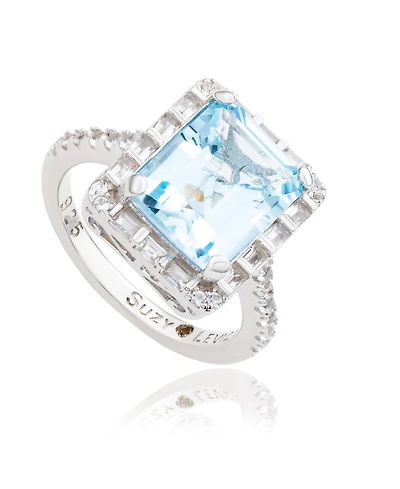 Suzy Levian New York Sterling Silver Emerald Cut Topaz Halo Ring