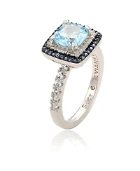 Suzy Levian Sterling Silver Cushion Cut Topaz Sapphire Double Halo Ring