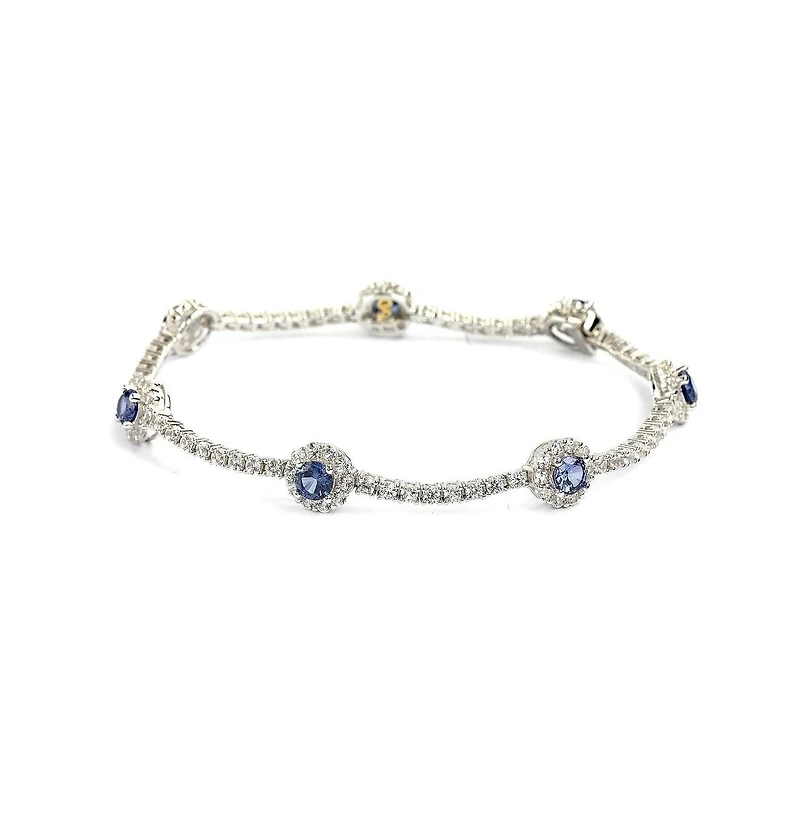 Suzy Levian New York Sterling Silver Sapphire & Created White Round Halo Pave Tennis Bracelet