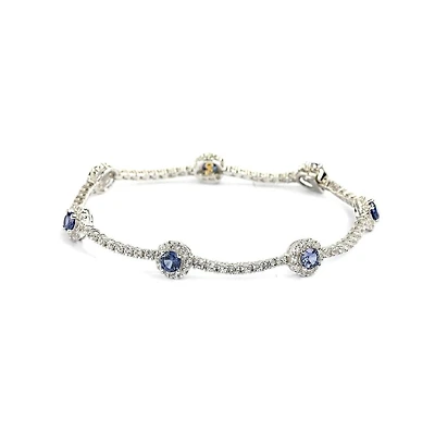 Suzy Levian New York Sterling Silver Sapphire & Created White Round Halo Pave Tennis Bracelet