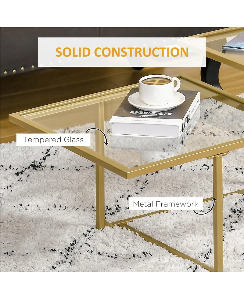 Homcom 38" 2 Glass End Table, Living Room Table w/ Metal Frame,