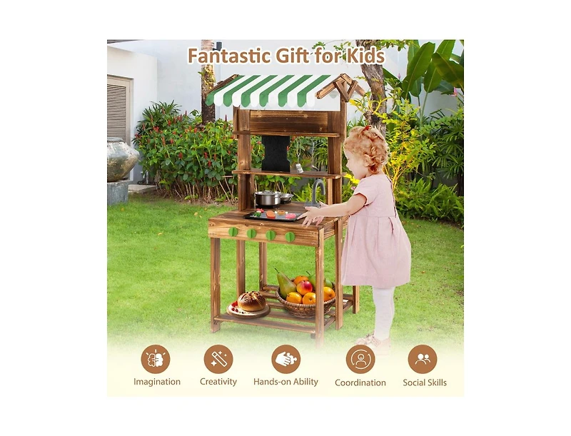 Akiudex Double-Sided Wooden Outdoor Play Kitchen with Grill and Accessories