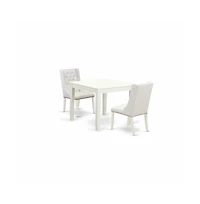 East West Furniture 3-Pc Kitchen Dining Room Set Includes 1 Modern Kitchen Table and 2 Light Grey Linen Fabric Mid Century Dining Chairs with Button T