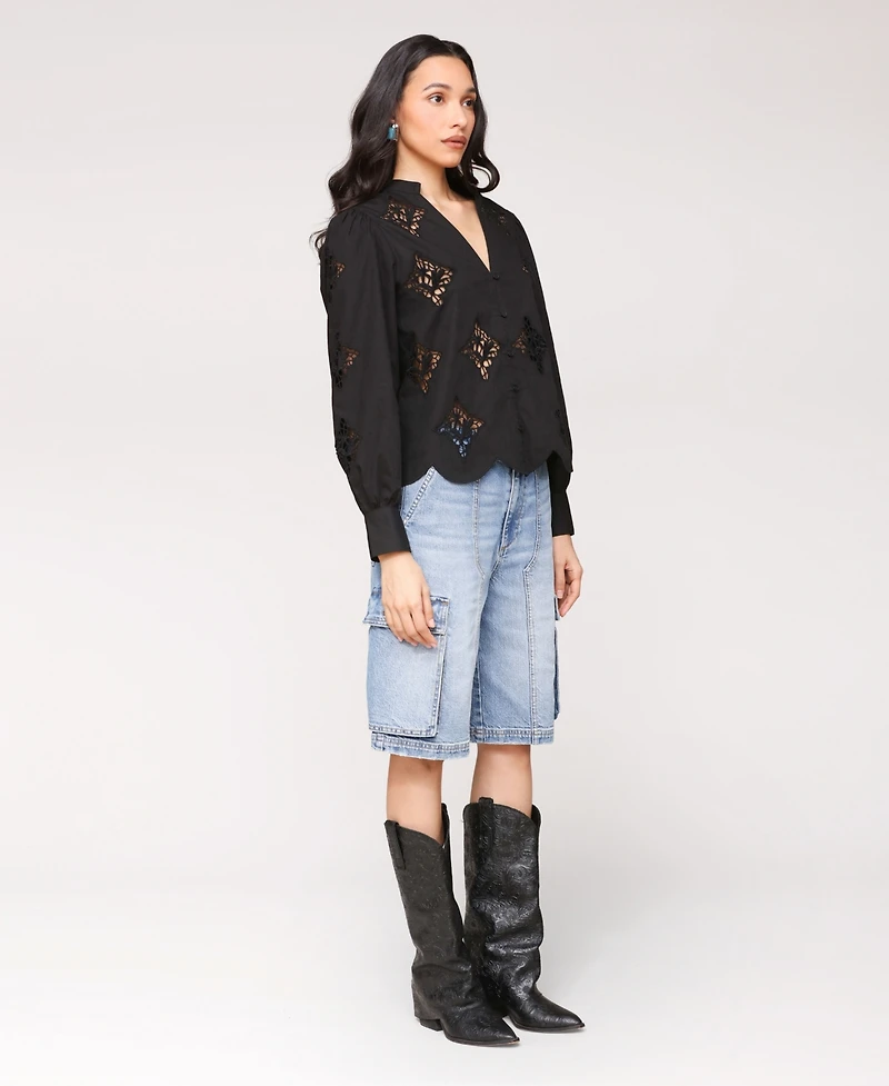 Avec Les Filles Women's Puff Sleeve Cropped Lace Scallop Button Up Blouse