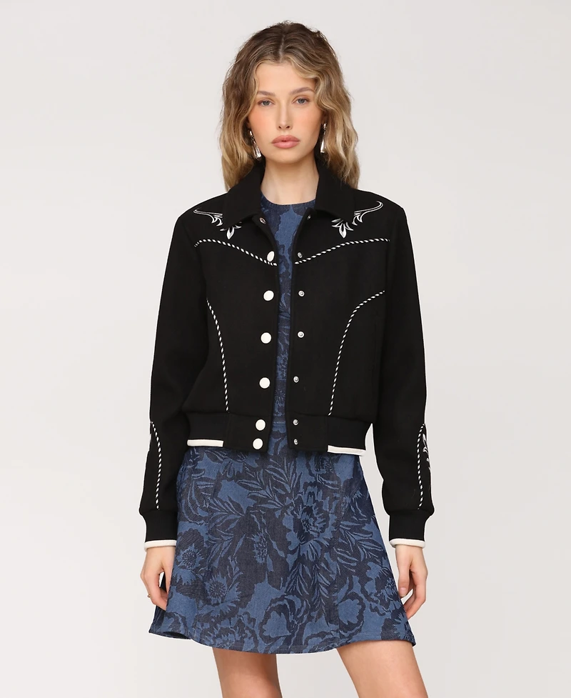 Avec Les Filles Women's Western Bomber Piping and Embroidery Jacket