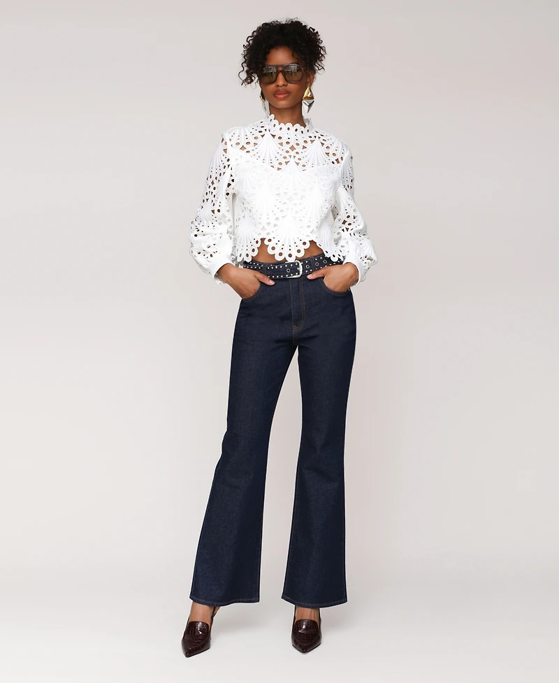 Avec Les Filles Women's Studded Belt High Rise Boot Cut Jeans
