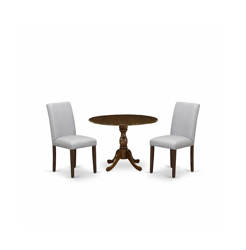 East West Furniture 3 Piece Kitchen Table Set Includes 1 Drop Leaves Wood Table and 2 Grey Linen Fabric Parson Dining Room Chairs with High Back