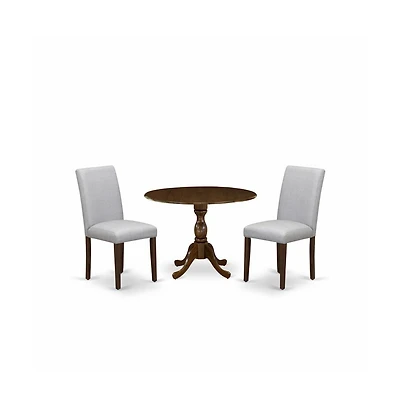 East West Furniture 3 Piece Kitchen Table Set Includes 1 Drop Leaves Wood Table and 2 Grey Linen Fabric Parson Dining Room Chairs with High Back
