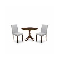 East West Furniture 3 Piece Kitchen Table Set Includes 1 Drop Leaves Wood Table and 2 Grey Linen Fabric Parson Dining Room Chairs with High Back