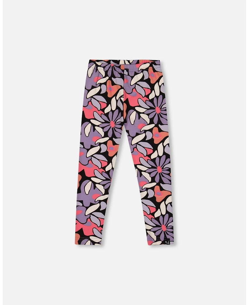 Deux par Girl Stretch Jersey Leggings Black Retro Flower Print - Child