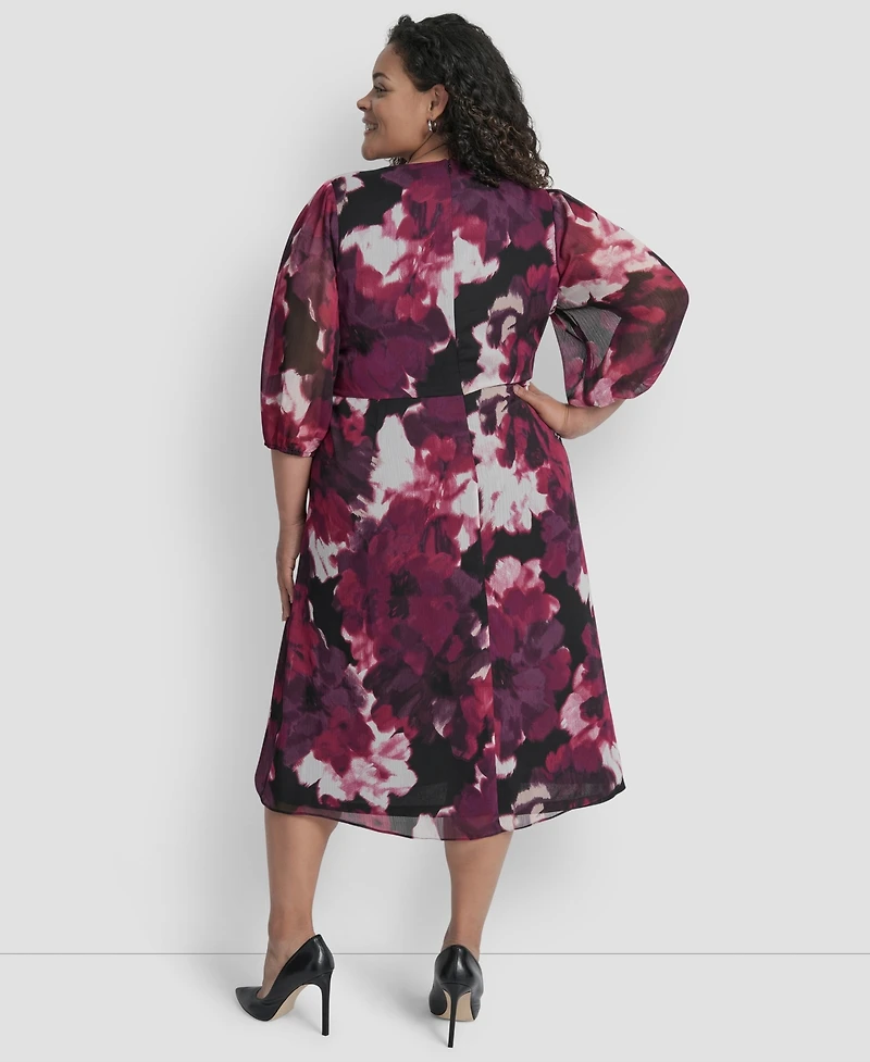 Dkny Plus Bubble Sleeve Surplice Neck Front Knot Midi Dress