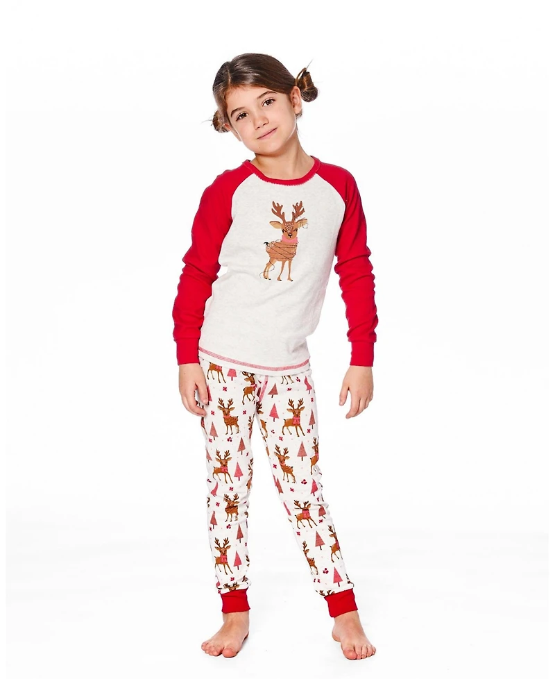 Deux par Girl Cotton Two-Piece Pajamas Beige Girly Reindeer Print