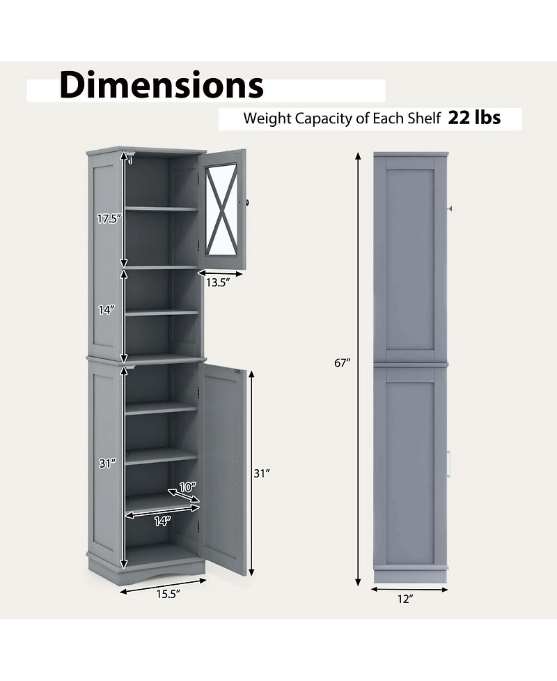 Costway 67" Tall Bathroom Cabinet Freestanding Storage with 5 Adjustable Shelves