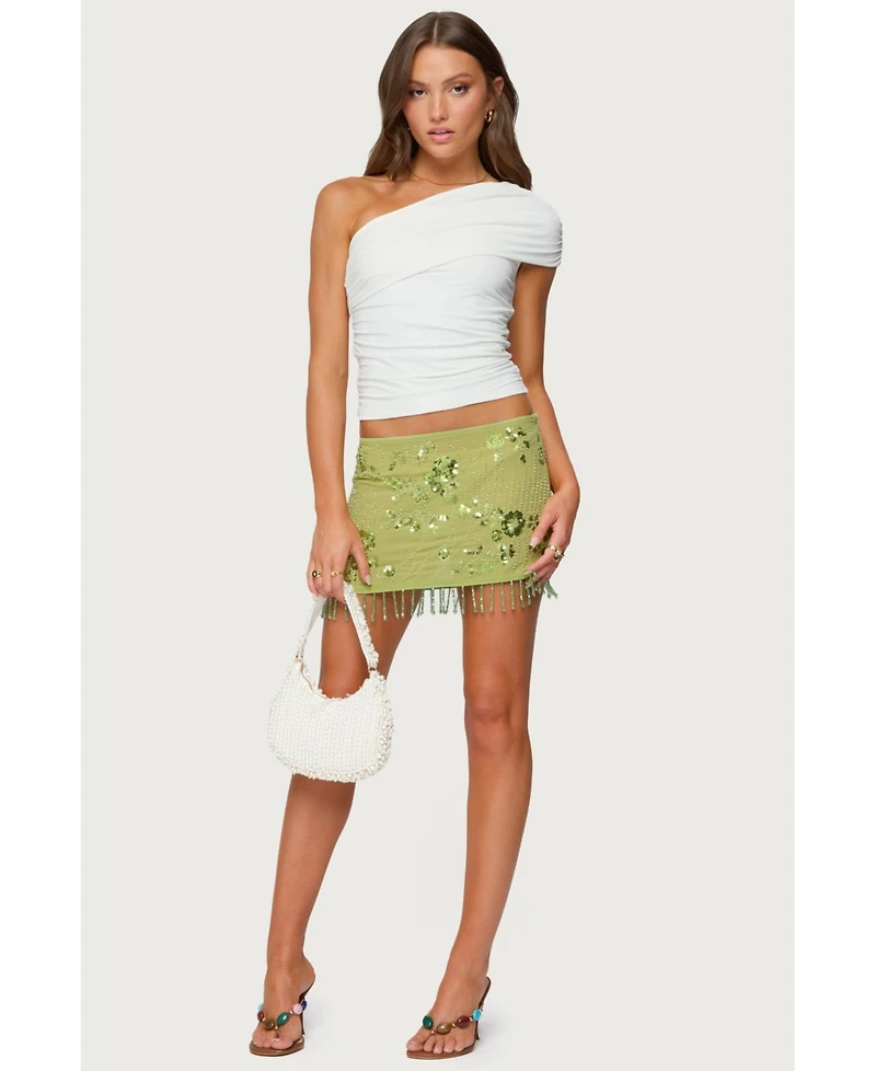 Edikted Women's Sheer Sequin Bead Fringed Mini Skirt