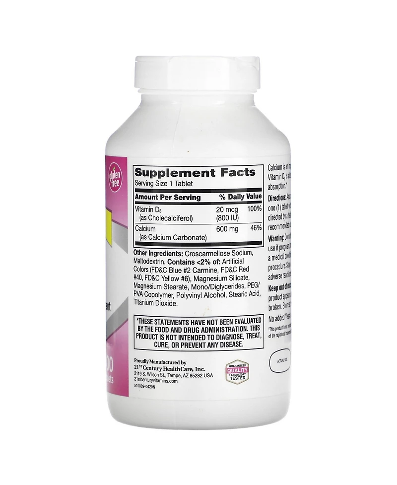 21st Century 600+D3 Calcium & Vitamin D3 Supplement