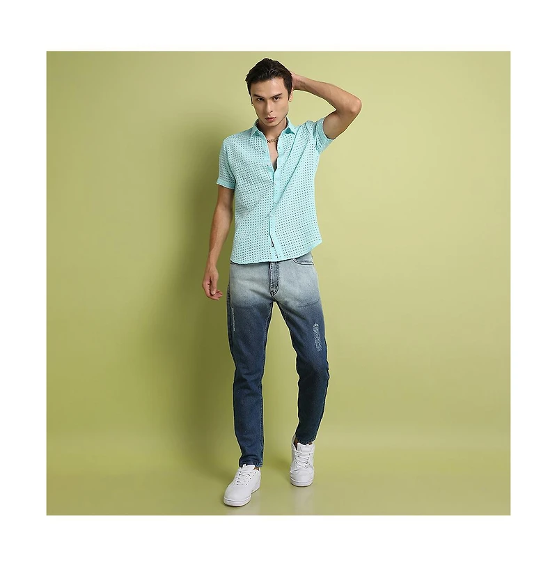 Campus Sutra Men's Light Blue See-Through Square Shirt