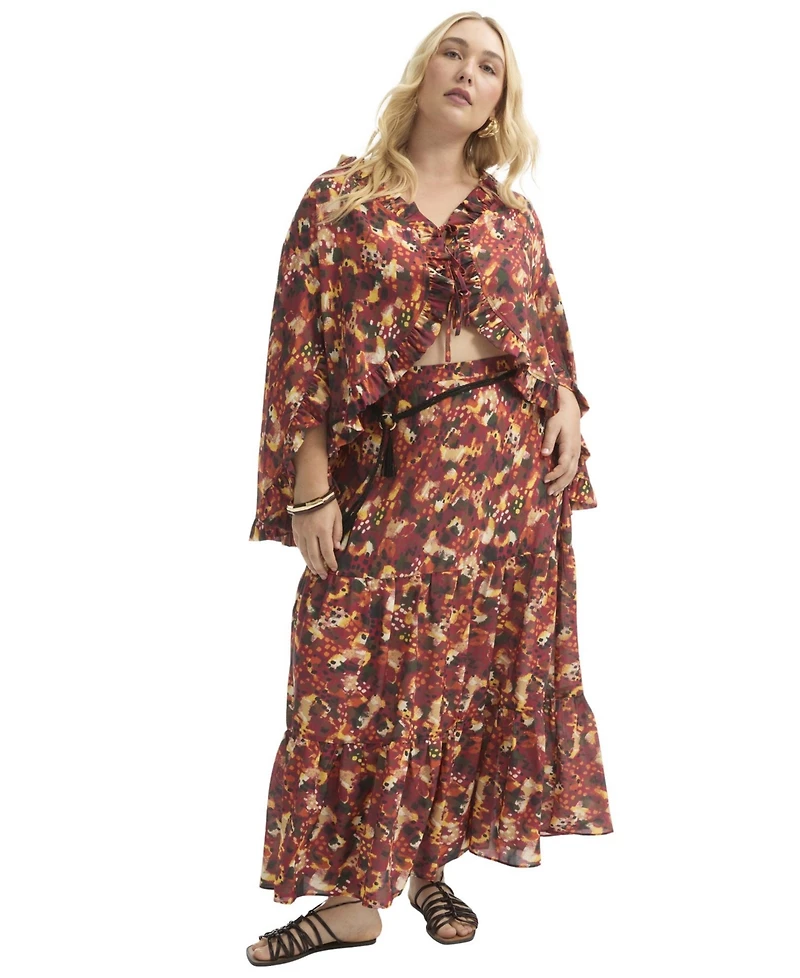 June + Vie Women's Plus Tiered Printed Maxi Skirt