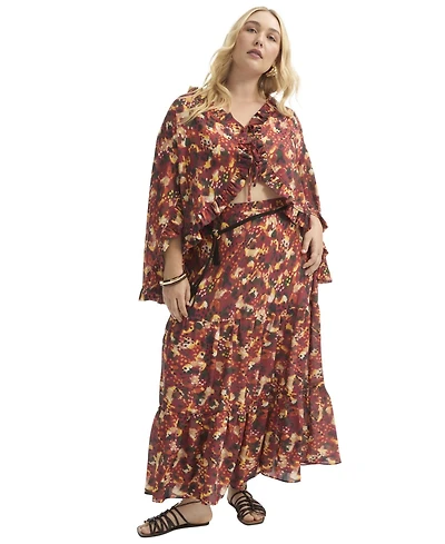 June + Vie Women's Plus Tiered Printed Maxi Skirt