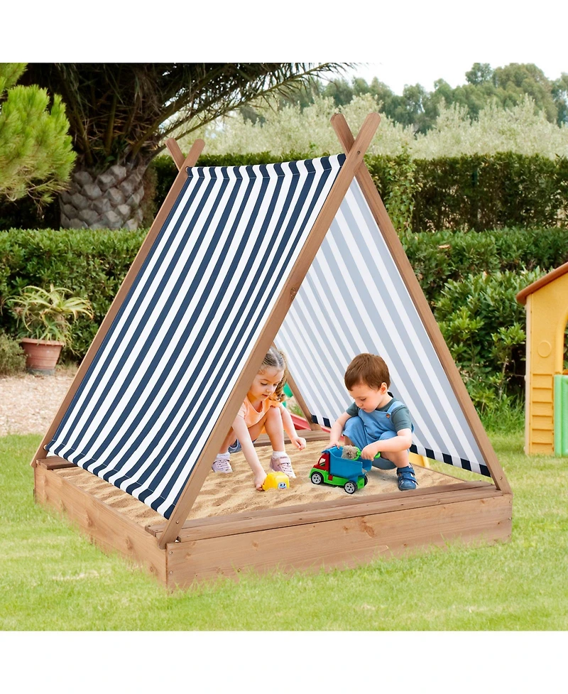 49 x 48 Inch Kids Wooden Sandbox with Cover and 2 Bench Seats