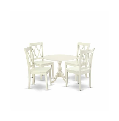 East West Furniture 5 Piece Dinette Sets Contains 1 Drop Leaves Modern Dining Table and 4 Linen White Dining Room Chairs with Double X-Back