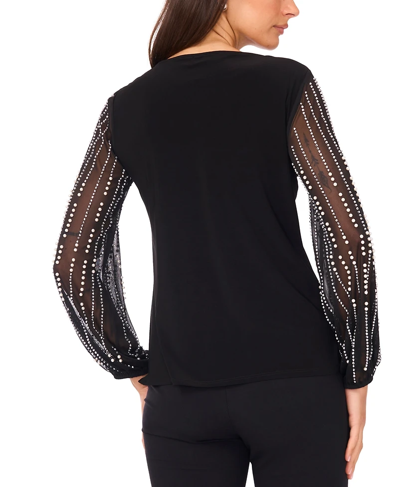 Msk Women's V-Neck Beaded Sleeve Top