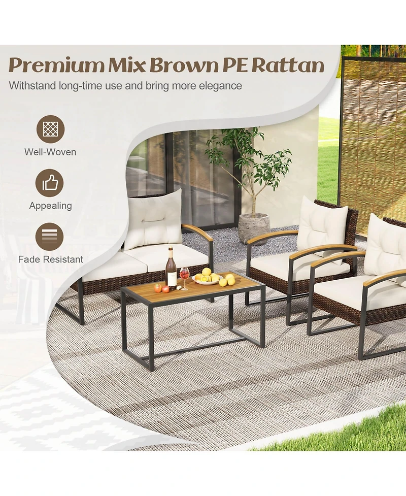 Gymax Set Of 4 Patio Conversation Set w/ Coffee Table Solid Acacia Wood Armrests Tabletop
