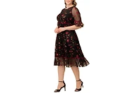 Women's Plus Wildflower Embroidered Floral Mesh Cocktail Dress
