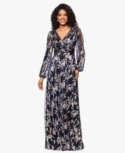 Betsy & Adam Women's Long Sleeve Metallic Crinkle Pattern Dress