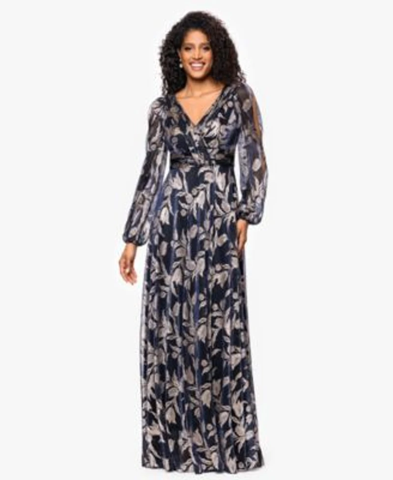 Betsy Adam Womenslong Sleeve Metallic Crinkle Pattern Dress