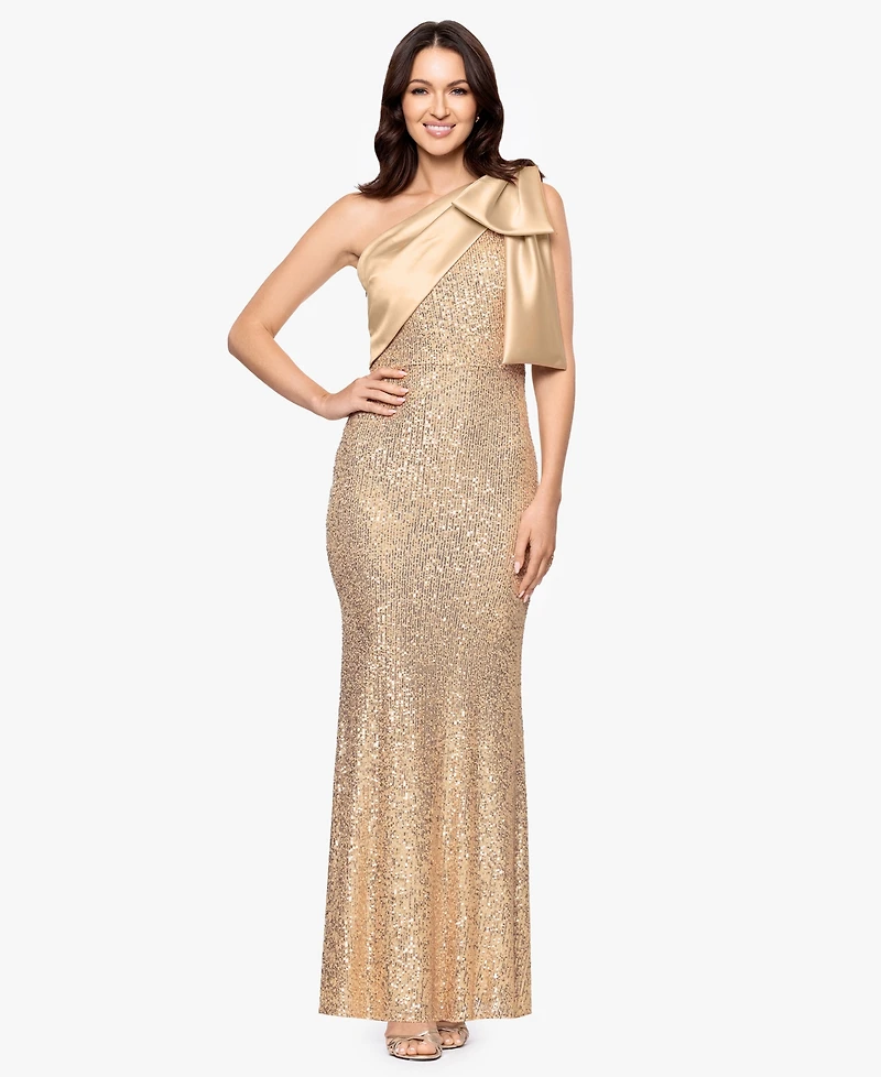 Betsy & Adam Women's Sequined One Shoulder Gown