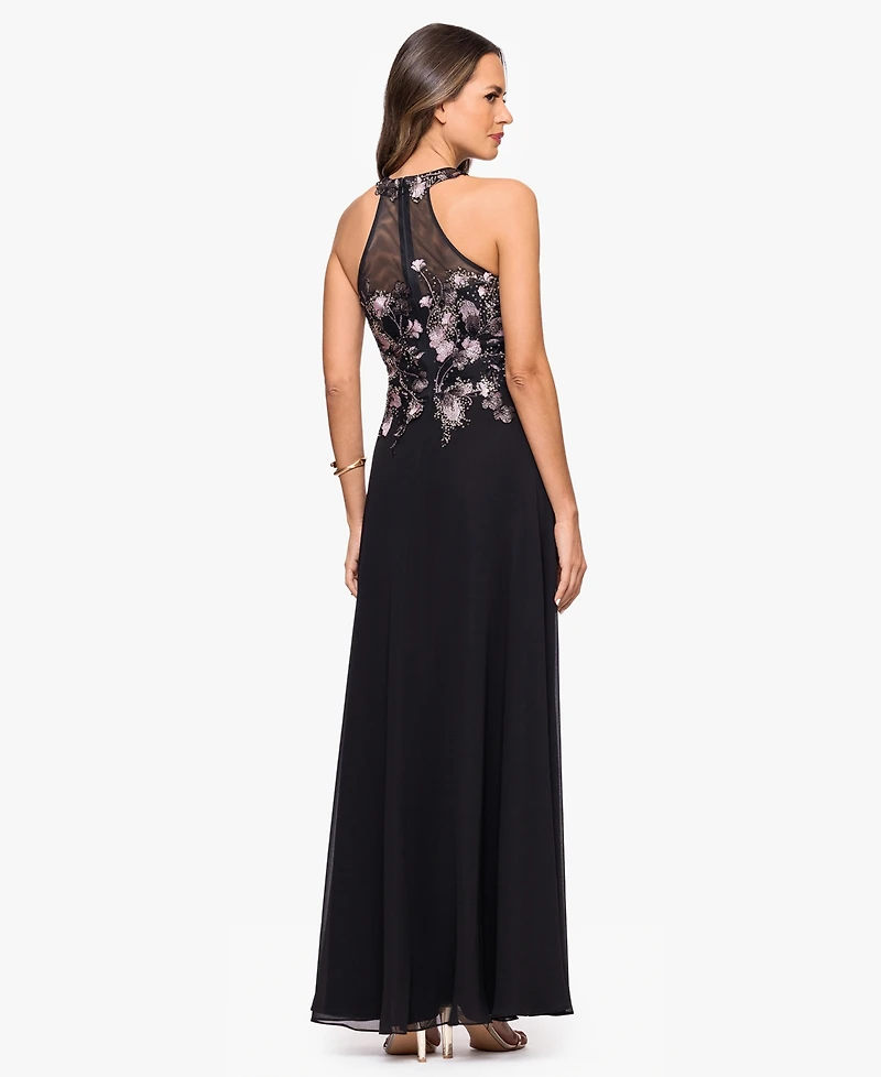 Betsy & Adam Women's Long Mesh Sequin Embroidered Sleeveless Dress