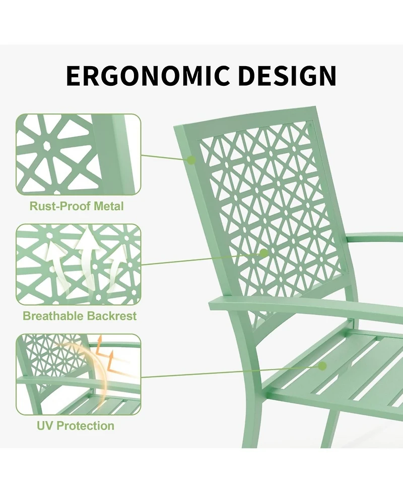 gaomon 3 Pcs Green Patio Bistro Set, Outdoor Stackable Steel Chairs & Square Coffee Table for Balcony, Porch, Garden, Lawn