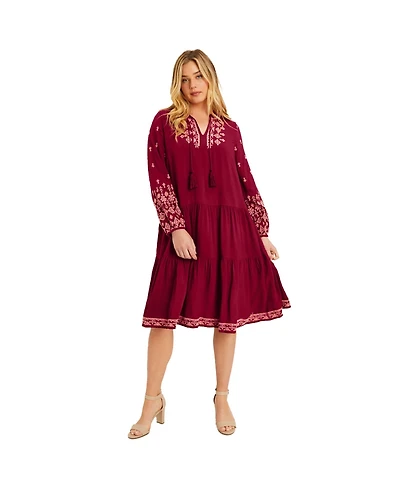 June + Vie Women's Plus Size Coraline Embroidered Peasant Dress