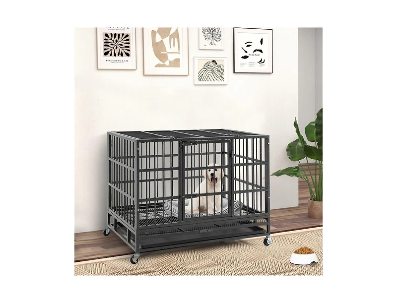 38 Inch Foldable Heavy-Duty Metal Dog Cage with Lockable Rolling Casters and Tray