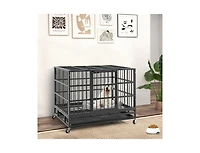 38 Inch Foldable Heavy-Duty Metal Dog Cage with Lockable Rolling Casters and Tray