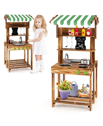 Double-Sided Mud Kitchen with Canopy and Chalkboard for 3+ Years Old
