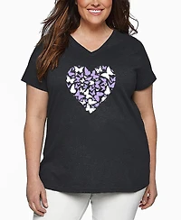 La Pop Art Plus Size Butterfly Heart Word Art V-Neck T-Shirt
