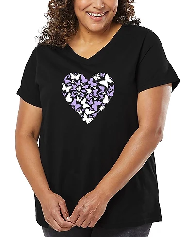 La Pop Art Plus Butterfly Heart Word V-Neck T-Shirt