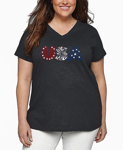 La Pop Art Plus Usa Fireworks Word V-Neck T-Shirt