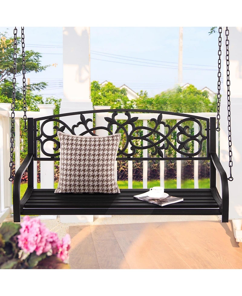 Gymax Patio Hanging Porch Swing 2-Person Outdoor Metal Swing Bench Chair w/ Chains