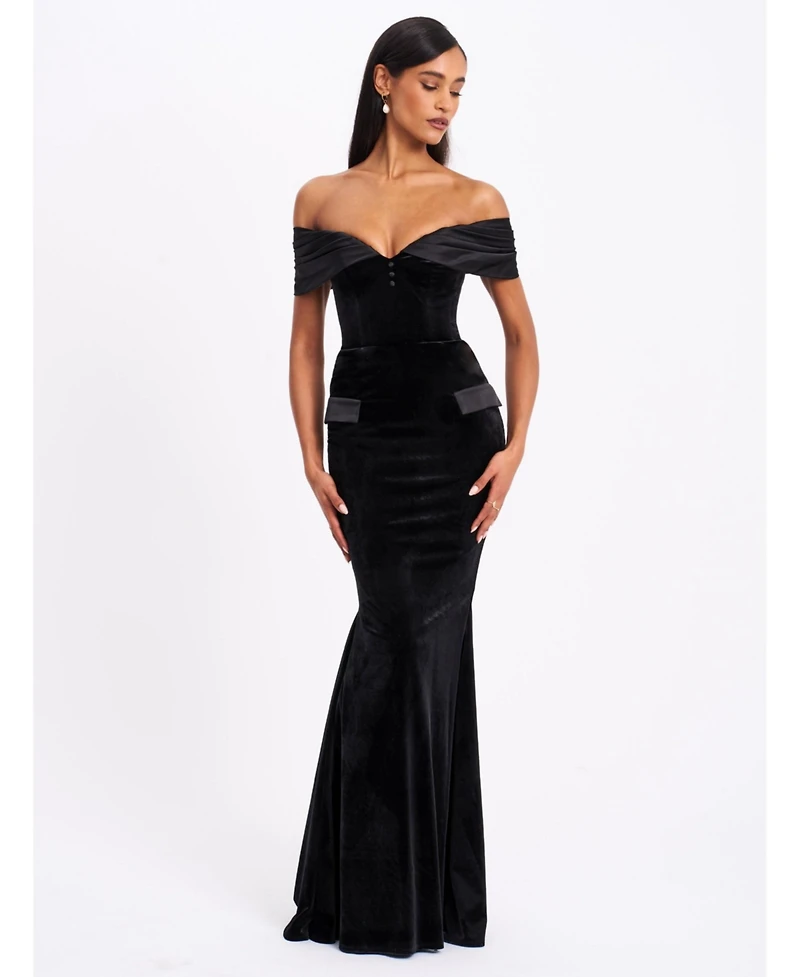 Miss Circle Women Qamra Black Velvet Off Shoulder Mermaid Maxi Dress